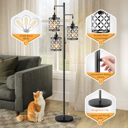 Dimmable Floor Lamp, Farmhouse Standing Lamp with Elegant Metal Cage, Industrial Tall Tree Floor Lamps for Living Room Bedroom Study Room Office, 3 x 800LM LED Bulbs Included - 68", Black