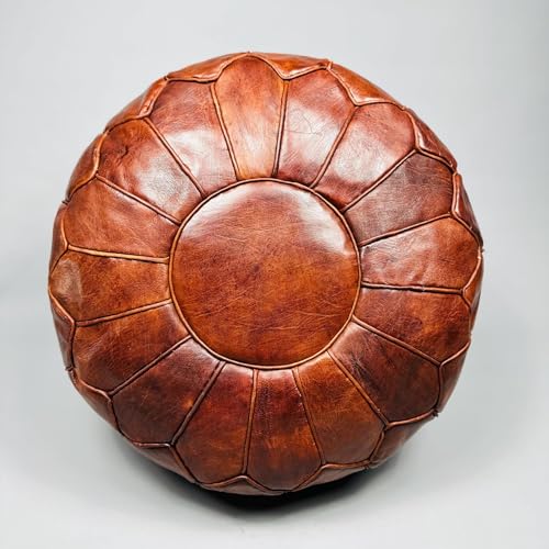 Brown Moroccan Leather Pouf – Set of 2 – Delivered Unstuffed – Handcrafted Ottoman, Footstool, Footrest, Floor Cushion – Versatile Artisan Accent