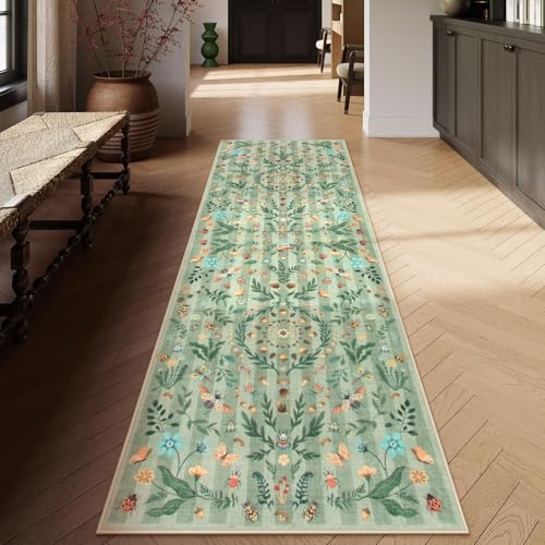 Lahome Washable Insect Botanical 2'6"x8 Runner Rug for Entryway - Machine Washable Non-Slip Hallway Runner Rug, Green Boho Low Profile Soft Faux Wool Carpets for Bedroom, Hallway, Laundry, Kitchen