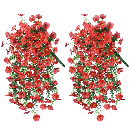 INSPRING Artificial Faux Outdoor Outside Flowers Plants, 2 PCS Fake Silk UV Resistant Look Real Red Daisy Trailing Vines for Front Door Porch Planter Urn Patio Balcony Decoration