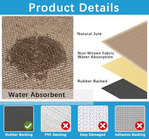 6ft Natural Jute Hallway Runner Rug Non Slip Washable, Rubber Backed Long Khaki Indoor Entryway Runner, Absorbent Kitchen Carpet Sink Rug