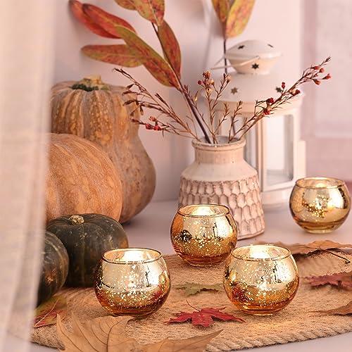 Round Gold Votive Candle Holders, Mercury Glass Votives Set of 12