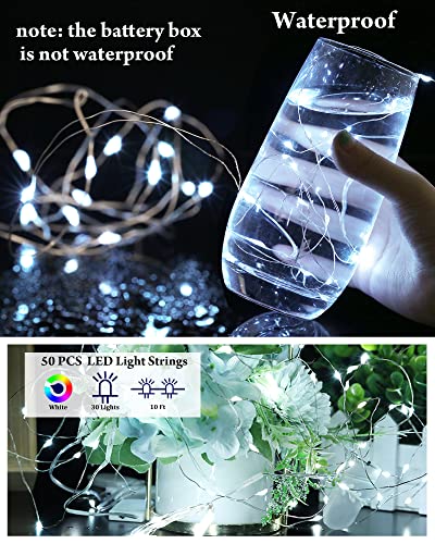 Riakrum 50 Pack 10 ft 30 LED Fairy Lights Battery Operated, Christmas Tiny String Lights Bulk Starry Light Waterproof for Mason Jars Wedding Party Christmas Centerpiece Table Decor, White