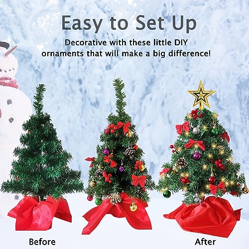 Juegoal 24 Inch Mini Christmas Tree Set, Table Top Artificial Christmas Trees with 50 LED Lights, Ornaments and Red Berries, Best DIY Christmas Decorations