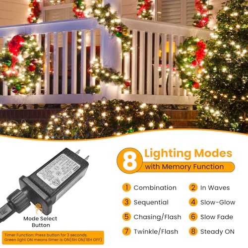JTSIOV Christmas Tree Lights, 65FT/20M 200 LED Christmas Lights Plug in, 8 Modes Waterproof Outdoor Lights Indoor, Memory Function, Connectable String Lights for Party, Patio, Wedding (Warm White)