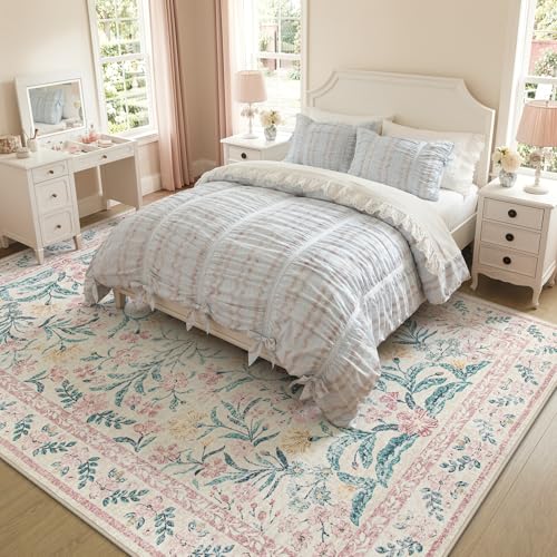 Pink Area Rugs for Living Room 9x12, Washable Boho Floral Large Rug for Bedroom, Soft Non-Slip Thin Carpet for Nursery Playroom Dorm Dining Room Girls Home Decor