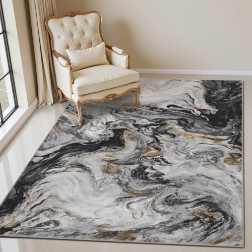 PADOOR Abstract 3'x5' Area Rug, Washable Non-Slip Low Pile, Marble Black