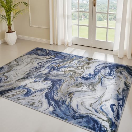 PADOOR Abstract 3'x5' Area Rug, Washable Non-Slip Low Pile, Marble Blue