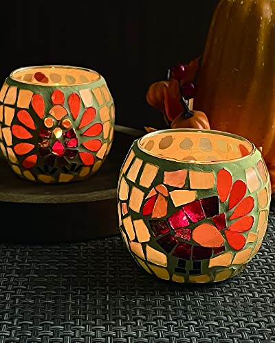 SHMILMH Thanksgiving Votive Candle Holder Set of 4, Mosaic Glass Tealight Holders with Turkey for Fall Table Centerpiece Fireplace Party Decorations