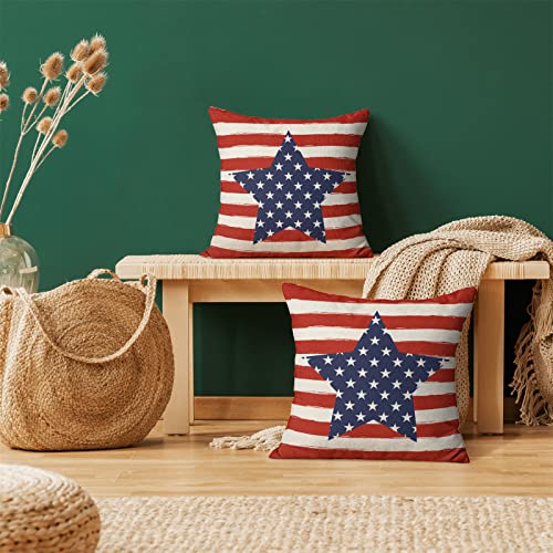 4th of July Pillow Covers 18x18 Inch Set of 2 Memorial Day Independence Day Red Stripe Blue Star Decor Throw Pillows American Flag USA Patriotic Outdoor Cushion Cases for Couch Bed Decorations