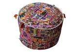 Sophia-Art Indian Embroidered Patchwork Cover Indian Decorative Pouf Indian Comfortable Floor Cotton Cushion Ottoman Pouf,Indian Designs Ethnic Patchwork Pouf (White Rajkoti, 14"x22")