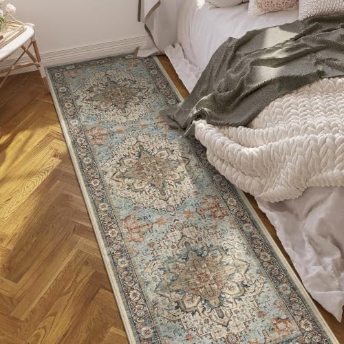 Washable 2x8 Runner Rug, Blue Vintage Floral Non-Slip for Hallway, Kitchen