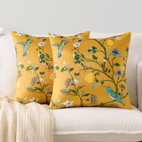 Mustard Yellow Floral Pillow Covers 18x18 Set of 2, Velvet Wild Flower Plant Throw Pillows Case, Square Farmhouse Decor Cushion Covers for Home Sofa Bed Couch