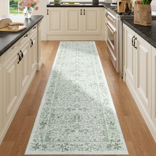 2.6x8 Runner Rug, Washable Vintage Floral Kitchen Rug, Sage Green