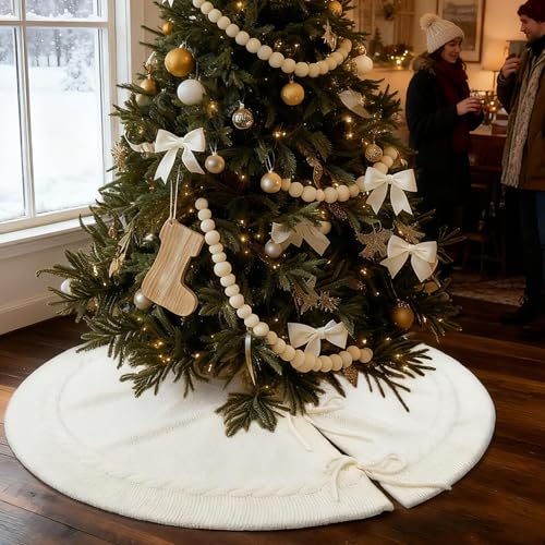 yuboo Boho Cream Cable Knit Tree Skirt,48 inch Neutral Knit Tree Skirt Christmas Tree Rug - White Bohemia Christmas Decorations