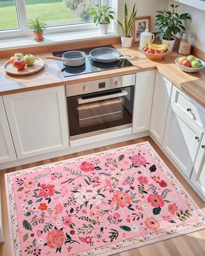Floral Area Rug for Bedroom, Machine Washable 3x5 Pink Throw Rugs