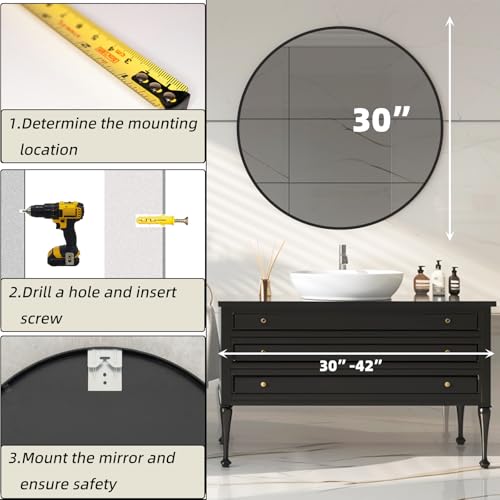 Round Black Mirror, 30 Inch Circle Black Mirror, Metal Frame Round Wall Mounted Mirrors for Bathroom, Living Room, Bedroom, Entryway, Vanity