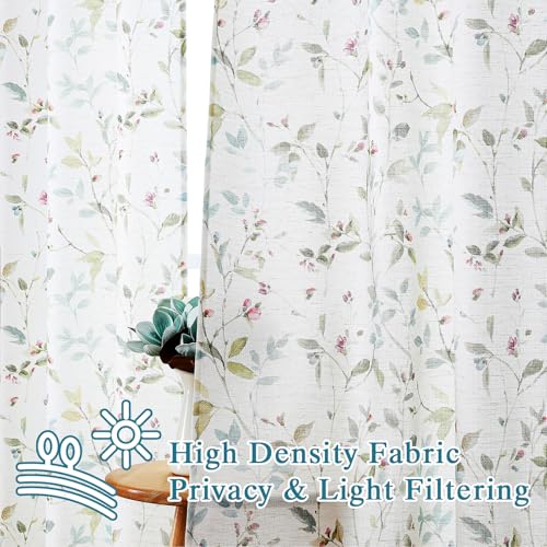 Chyhomenyc Roman Linen Blend Curtains 45 Inch Length 2 Panels, Light Filtering Soft Airy Leaf Floral Printed Rod Pocket Textured Window Treatment Drapes for Living Room Bedroom, 38Wx45L Inch, 2 PCS