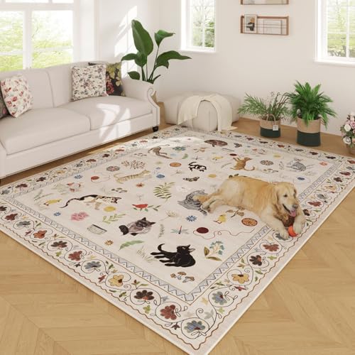 Rugcomf Area Rug 5x7 for Living Room Washable Floral Animal Cat, Beige