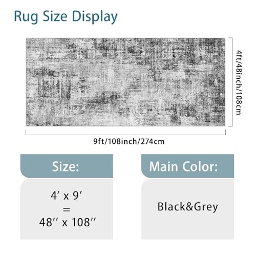 Extra Wide Hallway Rug 4x9: Washable Modern Abstract Living Room Rug Black