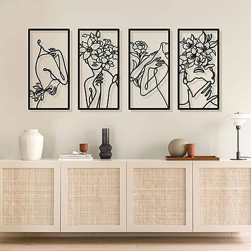 Bakovity Black Metal Wall Decor, Abstract Woman Wall Art, Minimalist Line Decor, Modern Aesthetic Metal Wall Art for Bedroom Bathroom Living Room (4 Pcs, 17 x 9 in)