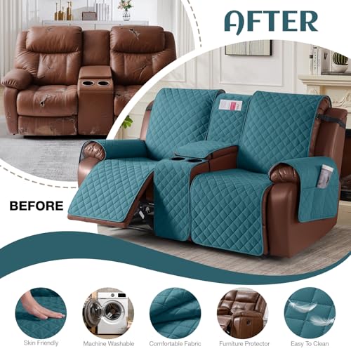 KinCam 100% Waterproof Recliner Loveseat Cover with Console X1, Recliner Couch Covers X1, Recliner Chair Covers X1(Peacock Blue)