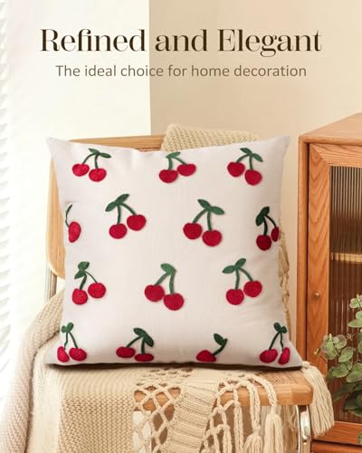 Embroidered Throw Pillow Cover 18x18 Inch, Little Cherry