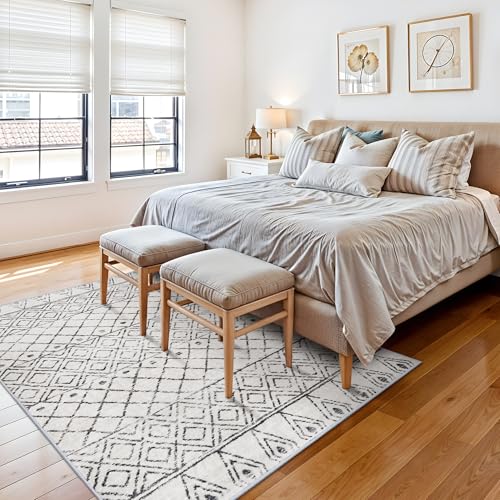4x6 Moroccan Geometric Washable Runner:Boho Non Slip Area Rug Grey
