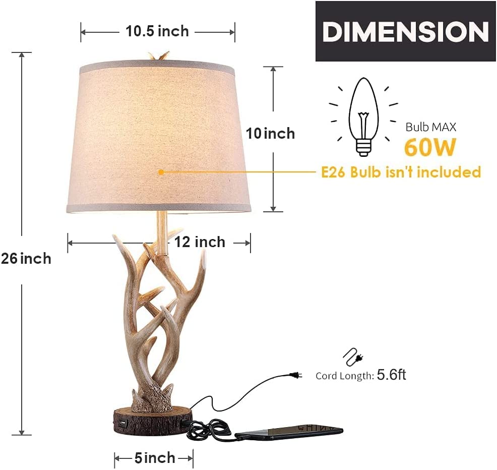 Rustic Western Table Lamp Set of 2, 26" Farmhouse Bedside Lamp for Bedroom with 2 USB Ports, Natural Antler Table Lamp for Living Room Foyer Study Office (Rustic)