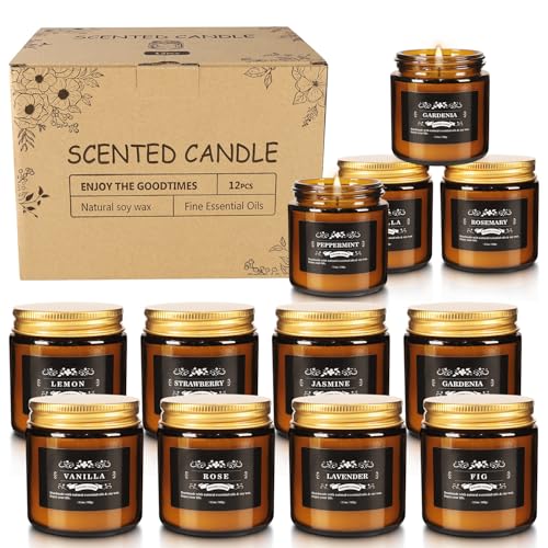 Scented Candle Set 12 Pack, Candle for Home Scented, Odor Eliminating, Stress Relief, Long Lasting Soy Wax Gift Set