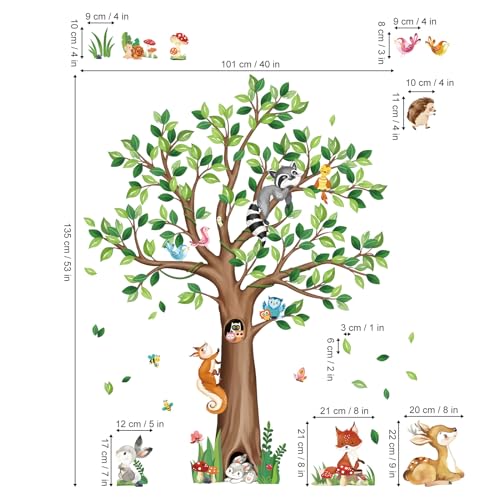 decalmile Woodland Animals Large Tree Wall Stickers Bear Fox Deer Wall Decals Baby Nursery Kids Bedroom Toddler Room Wall Decor (H:135cm/53Inches)