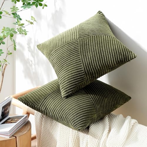 Topfinel Olive Green Decorative Throw Pillow Covers Set of 2 18x18 Inches for Couch Bed Sofa, Boho Aesthetic Home Decor, Soft Corduroy Striped Patchwork Windmill Textured Cushion Cases 45x45 cm