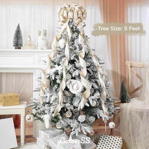 Ivory and Champagne Gold Christmas Tree Topper Bow 13 x 53 Inch Large With Streamer and Bauble Patterns for Xmas Tree Wreaths Door Staircase Home Decor