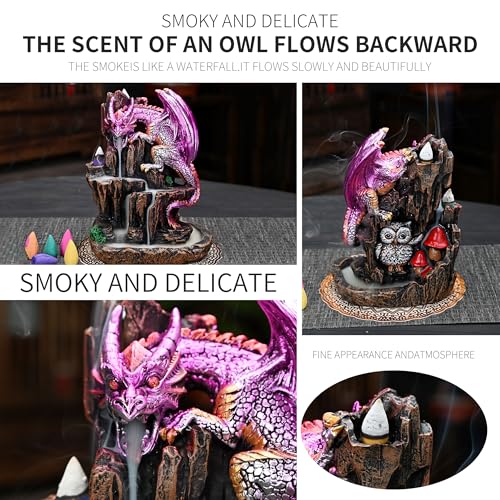 Dragon Backflow 2 Sided Mountain Waterfall Incense Burner,Fountain Smoke Incense Holder with Backflow Incense Cones, Tweezers, Mat，Resin Aromatherapy Meditationvaiuk (Purple)