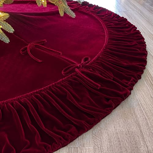 Ruffled Velvet Christmas Tree Skirt with Foam Padding, Nylon Backing and Lace-Up Tie Closure (Burgundy, 72-Inch)