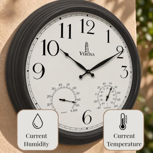 18 inch Outdoor Clocks for Patio Large Waterproof with Thermometer - Black Indoor Outdoor Clock with Temperature and Humidity for Wall - Weatherproof, Accurate & Easy to Read for Pool, Patio & Garden