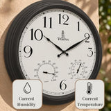 18 inch Outdoor Clocks for Patio Large Waterproof with Thermometer - Black Indoor Outdoor Clock with Temperature and Humidity for Wall - Weatherproof, Accurate & Easy to Read for Pool, Patio & Garden