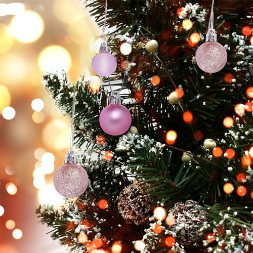 24pcs Mini Pink Shatterproof Christmas Ball Ornaments, 1.18 Inch Plastic Christmas Tree Decorations, Shiny Matte Glitter Ornaments for Pastel Tree Wreath Garland Holiday Party Decor