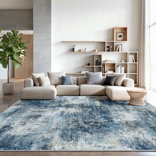 AMADA Washable 9'x12' Abstract Area Rug for Living Room Navy Blue