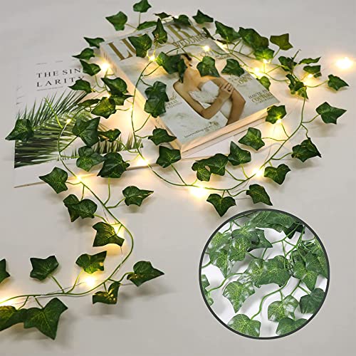 2 Pack 6.56 Ft Green Ivy Leaves Fairy String Lights Battery Operated, 40 LEDs Battery Powered Artificial Garland Plant Vine Fairy Light for Bedroom Wedding Party Holiday Patio Decor（Warm White）