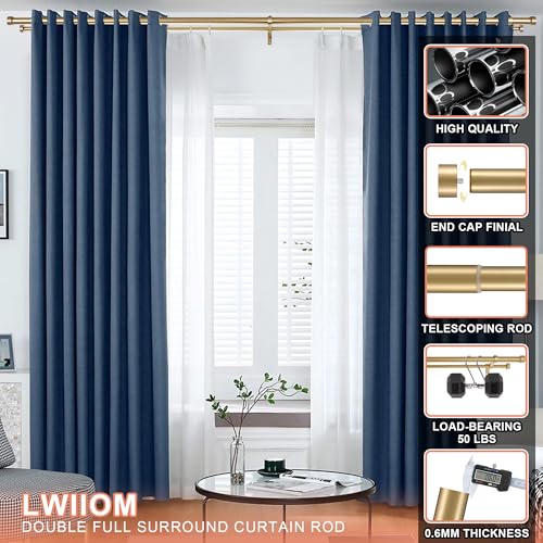 Double Curtain Rods with Aluminum End Cap and Full Surround Brackets,1"Front and 5/8" Back Rod,Adjustable between 36 to 72 Inches (3-6 Feet), Warm Gold Double Window Drapery Rod