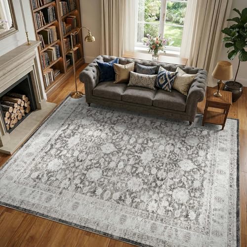 JINCHAN 8x10 Vintage Floral Area Rug, Washable Non Slip, Grey