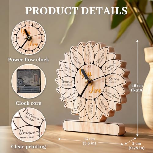 Christian Birthday Gifts for Women, Sunflower Clock Gifts for Women, Inspirational Spiritual Faith Gifts for Mom Wife Sisters Best Friends Coworker, Sunflower Wooden Clock Decor for Christian