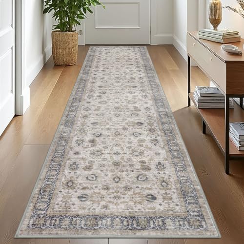 KOZYFLY Vintage Washable Rug Runner 2.6x10 Hallway Rug Runner Grey/Beige