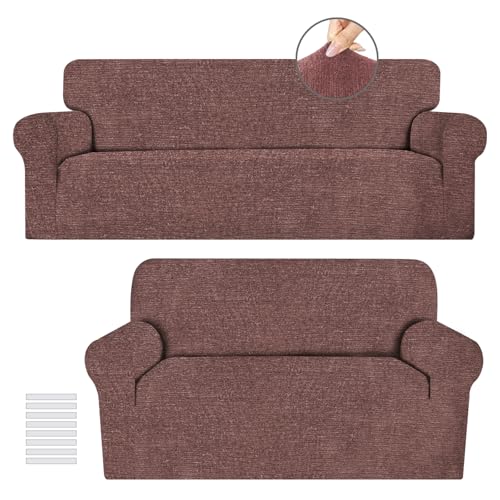 URBANLIFE Stretch Sofa Covers & Loveseat Couch Covers for Living Room Slipcover Set, 2-Pieces Machine Washable Couch Cover, Chocolate