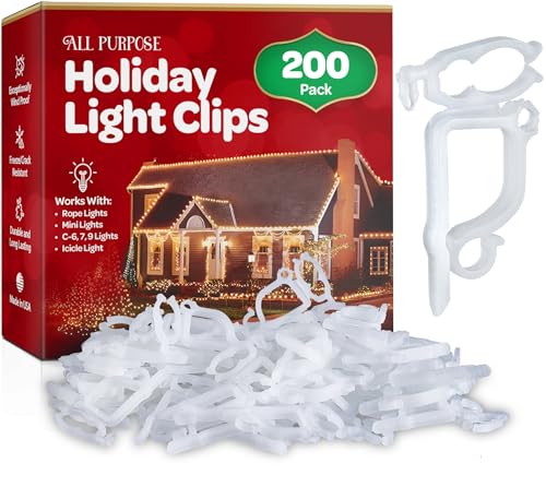 All-Purpose Holiday Light Clips [Set of 200] Christmas Clips, Outdoor Light Clips - Mount to Shingles & gutters - Works with Mini, C6, C7, C9, Rope, Icicle Lights - No Tools Required - USA Made