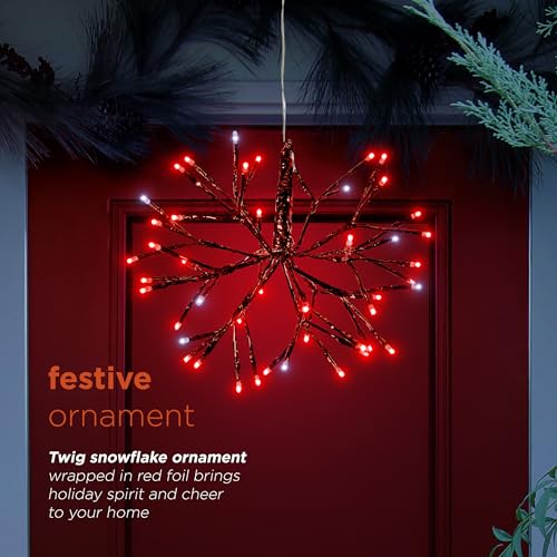 Alpine Corporation 16" Tall Holiday 3D Snowflake Hanging Ornament with 96 LED Lights, with Twinkling Effect, Festive Indoor/Outdoor Christmas Decoration, White Red