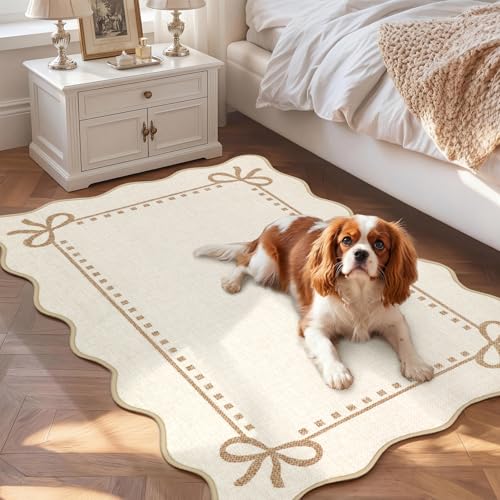 Garvee Scalloped Bow Rug Washable 2x3 Area Rug for Entryway Non-Slip Beige