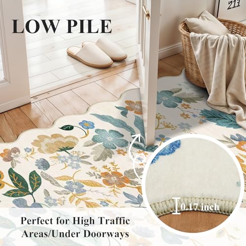 3x12 Washable Scalloped Floral Rug: Non Slip Long Hallway Runner Rug Cream