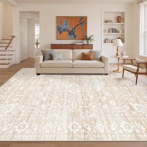 Soalmost 9x12 Washable Area Rugs for Living Room, Vintage Floral Non-Slip Low Pile Neutral Rug Soft Throw Large Carpet for Dining Room Bedroom Farmhouse Home Office (Beige, 9'x12')